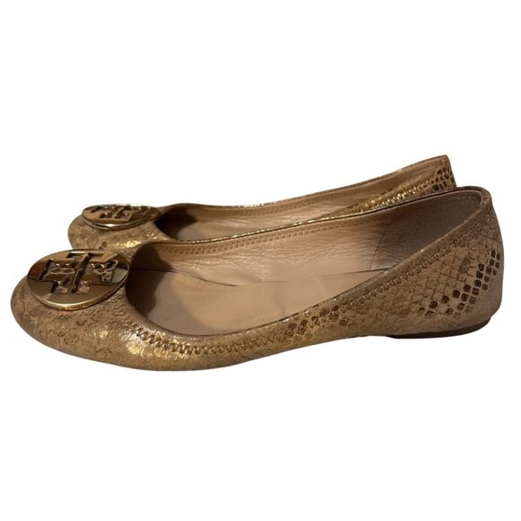 Tory Burch Gold Snake-Embossed Leather Ballet Flats Womens Size 7 - Picture 2 of 8